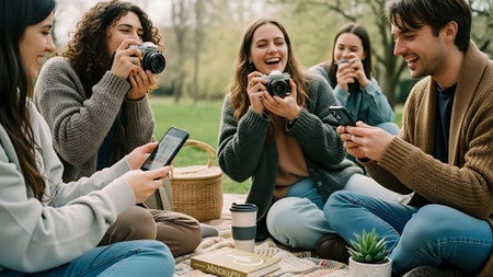 Group of friends taking photos of themselves on a picnic in the park.の素材