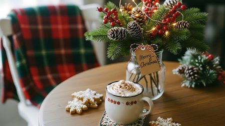 Coffee cup with whipped cream and christmas decoration on wooden tableの素材