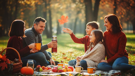 Happy family having picnic in autumn park. Mother, father and childrenの素材