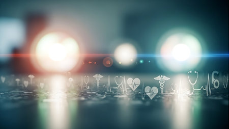 Digital composite of 3D medical icons and light with bokehの素材