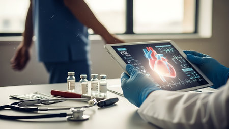 Close-up of doctor's hands holding tablet pc with medical iconsの素材