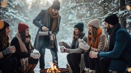 Group of friends drinking hot tea at the campfire in winter forestの素材