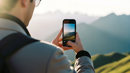 Man taking a photo with his smartphone in the mountains at sunset.の素材