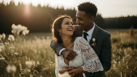 Beautiful young couple, bride and groom, kissing in the field at sunsetの素材