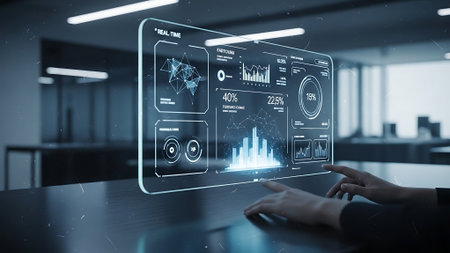 Close up of businesswoman hands using virtual panel with graphs and diagramsの素材