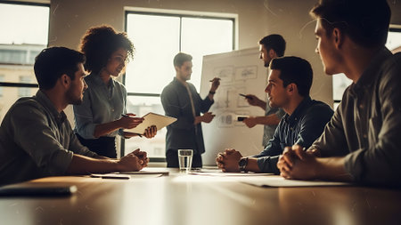 Group of young business people working and communicating together in the office.の素材