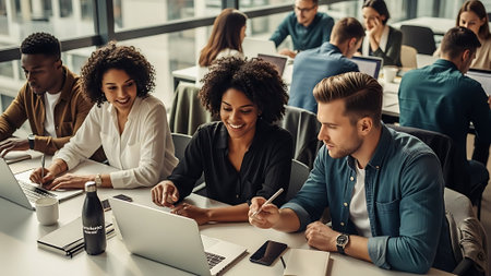 Group of young business people in smart casual wear working and communicating together in the office.の素材
