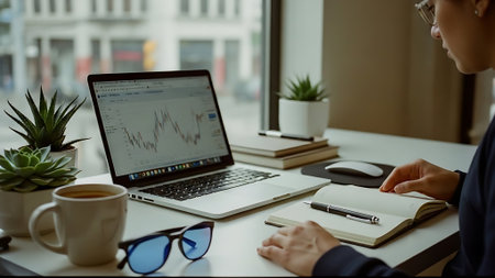 Businesswoman analyzing stock market data on laptop computer at office desk.の素材