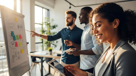 selective focus of smiling african american businesswoman pointing with finger at flipchart in officeの素材