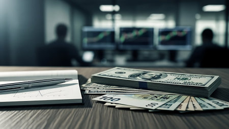 Stock market chart with dollar bills, pen and calculator on office deskの素材