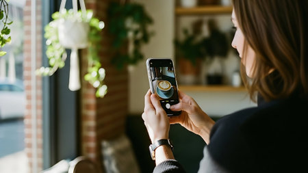 cropped view of young woman taking photo of modern camera in cafeの素材