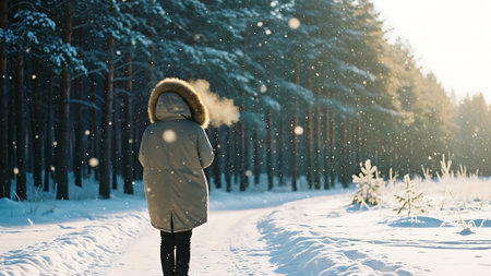 A young girl in a warm jacket walks through the winter forest.の素材