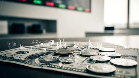 Double exposure of coin stack on table with stock market graph background.の素材