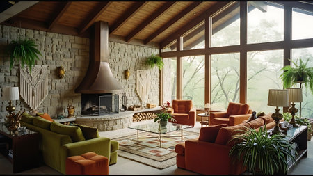 Interior of a modern living room with fireplace and orange armchairsの素材