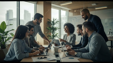 Group of business people working and communicating together in modern office. Multiethnic startup business team on meeting in modern workplace.の素材