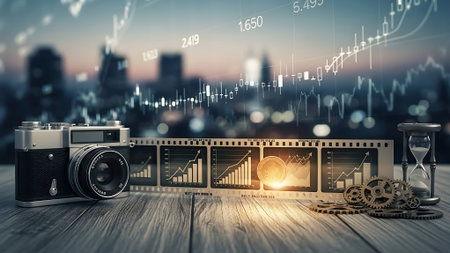 Time is money concept with clock and camera on wooden table over cityscape backgroundの素材