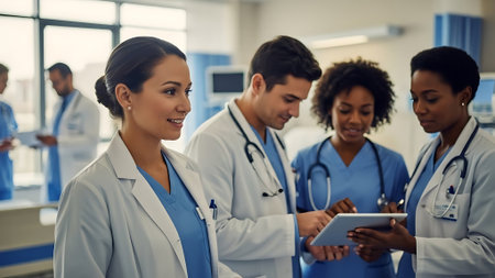 group of doctors with tablet pc computer at hospital or medical clinic.の素材