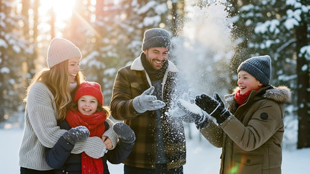 Happy family playing with snow in winter forest. Winter holidays concept.の素材