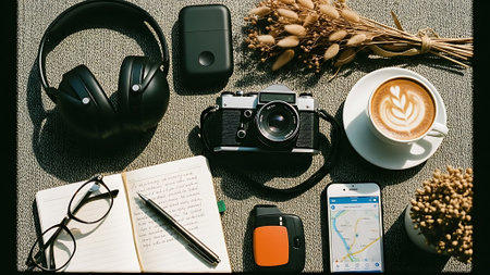 Flat lay of workspace with camera, coffee cup, notebook and earphonesの素材