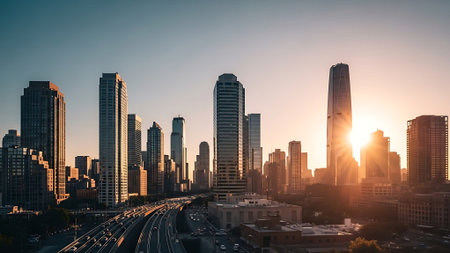 Aerial view of Chicago downtown skyline at sunset, Illinois, USA.の素材