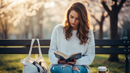 Beautiful young woman sitting on a bench in the park and reading a bookの素材