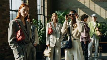 Fashionable young women in beige suits posing in the studioの素材