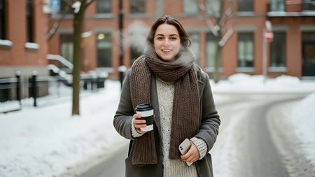 Young woman with a cup of coffee on the street in winter.の素材