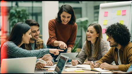 Group of happy young business people in smart casual wear working and communicating together in modern office.の素材