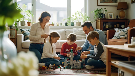 Happy family playing with toys at home. Mother, father and children having fun together.の素材