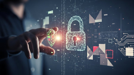 Businessman on blurred background using digital padlock interface 3D renderingの素材