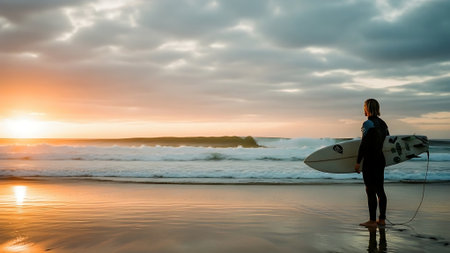 Surfer girl with surfboard on the beach at sunset. Long exposureの素材