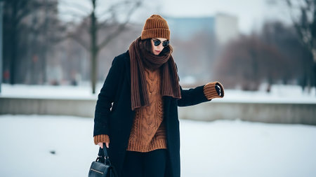 Beautiful young woman in warm clothes and scarf walking in the winter park.の素材