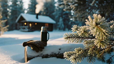 Beautiful winter landscape with a cup of hot drink on the background of a wooden house.の素材
