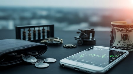 Smartphone with financial graph and calculator on the table. Business concept.の素材