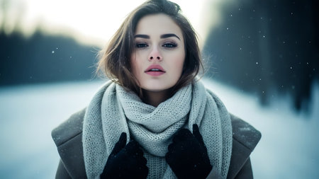 Portrait of a beautiful young brunette woman in a winter parkの素材
