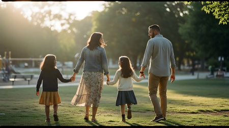 Happy family walking in the park. Mother, father and two daughtersの素材