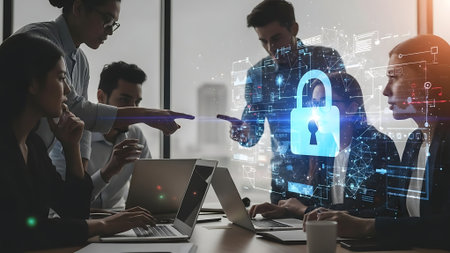 Business people using laptop and tablet with padlock icon on screen in modern office with double exposure of cityscape. Concept of cyber security. Toned imageの素材