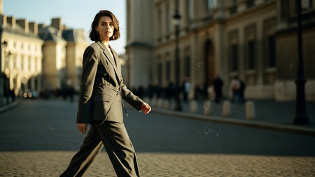 Young businesswoman walking on the street in Paris, France. Copy space.の素材