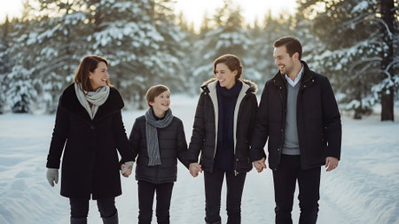 Happy family walking in the winter forest. Mother, father and children walk in the winter forest.の素材