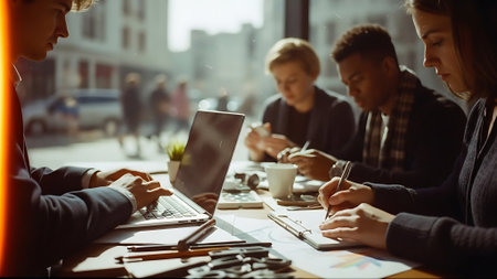 Group of young business people working together in office. Selective focus.の素材