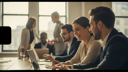 Group of young business people working in modern office. Selective focus.の素材