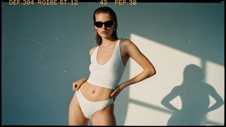 Sexy girl in white swimsuit and sunglasses posing on studio backgroundの素材