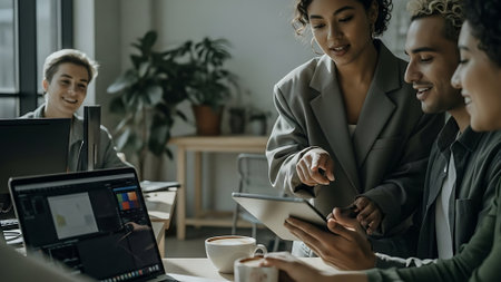 young businesswoman using digital tablet with colleagues in background at modern officeの素材