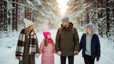 family, season, friendship and people concept - happy family walking in winter forestの素材