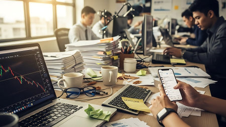 Business people using smart phone and working on computer in modern office.の素材