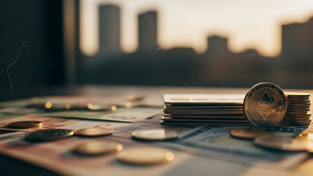Stack of golden ethereum coins on the table with city background. Cryptocurrency concept.の素材