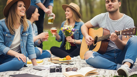 Group of friends having picnic in the park and playing the guitar.の素材