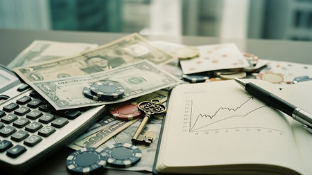 Business and finance concept. Calculator, money, coins, key, calculator on the desk.の素材
