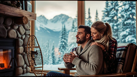 Beautiful young couple in love is sitting in front of the fireplace in a cozy winter house.の素材