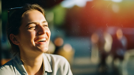 Happy young woman laughing and having fun in the city. Focus on faceの素材